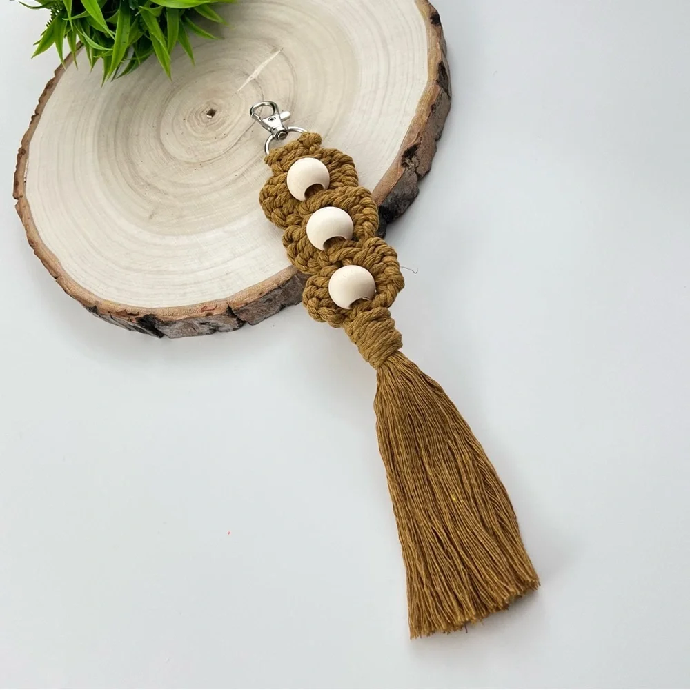 Macrame Handcrafted Floral with Wooden Bead Boho Keychain